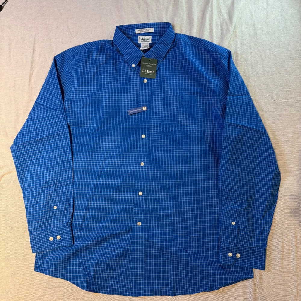 L.L. Bean Button Down Shirt Men XL Blue Wrinkle Resistant Grid 285291